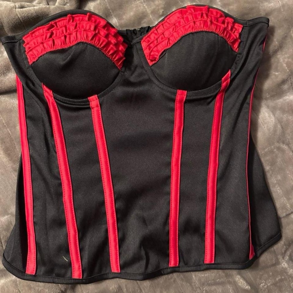 Skweez Couture Jill Zarin Black Red Ruffle Corset‎ Top Strapless Bustier Small